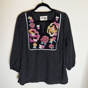 Savanna Jane Top Black Polka Dot Floral Embroidered Boho Peasant Size Medium